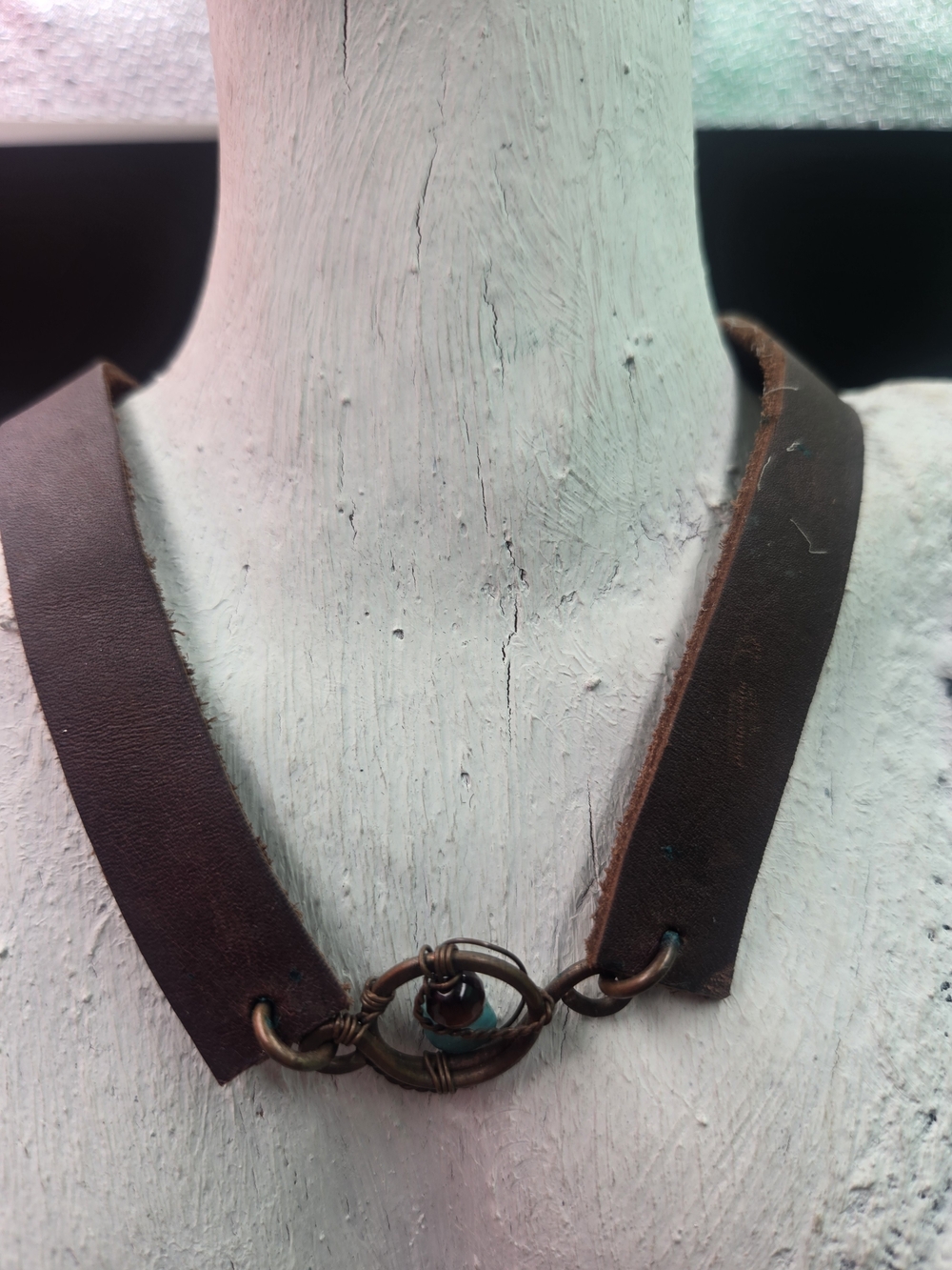 Brown Leather Choker Necklace with Antique Brass Ring And Turquoise Bead